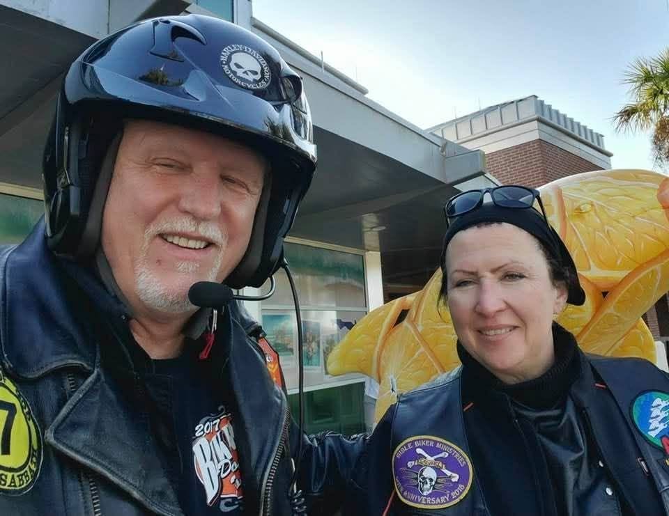 Tom and Cathy Hughes in their helmets