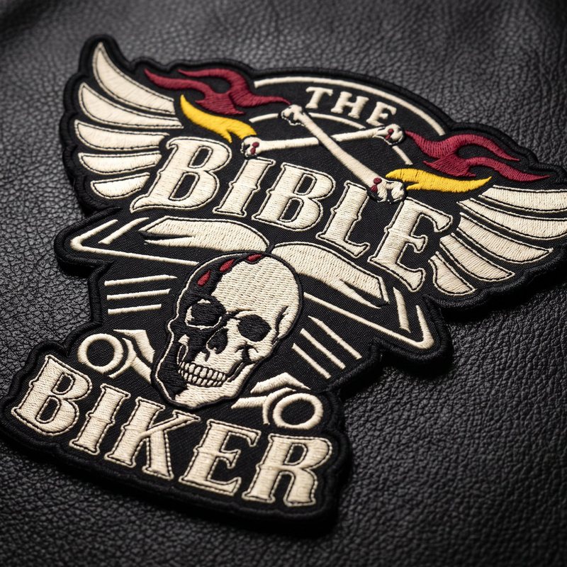 The Bible Biker embroidered patch, a winged skull with crossbones and flames, on black leather