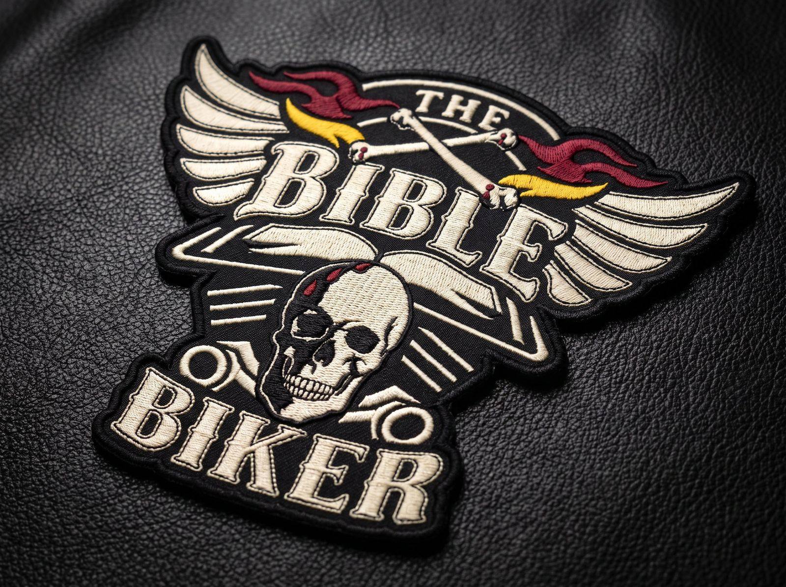 The Bible Biker embroidered patch on black leather