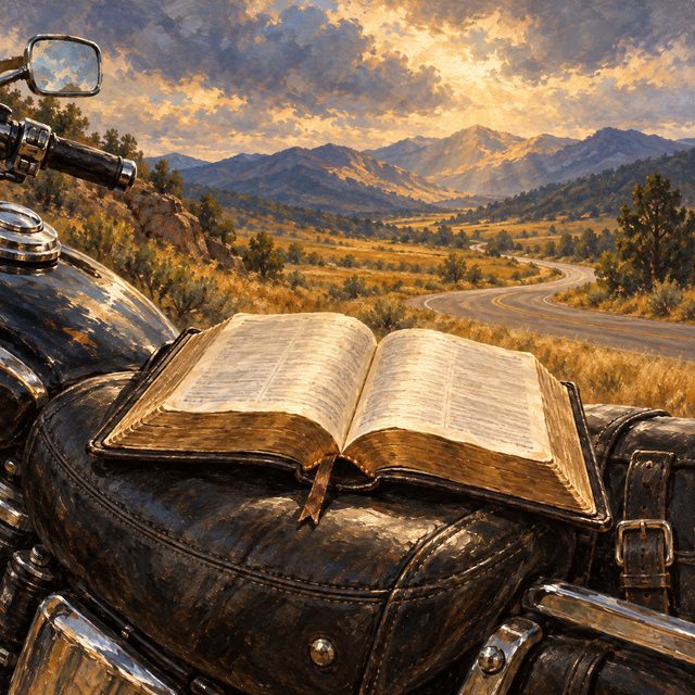 Painting of an open Bible resting on a motorcycle seat, a winding road and golden mountains beyond