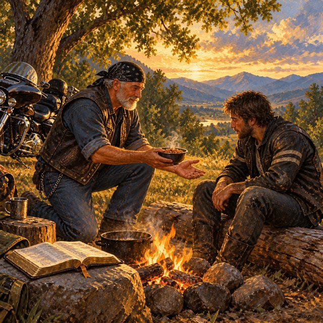 Painting of an older biker kneeling to hand a warm meal to a weary young rider at a roadside camp