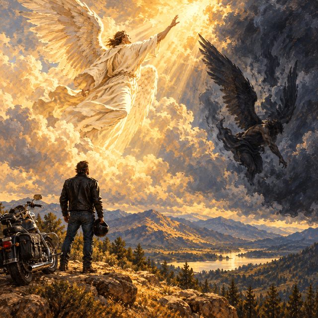 Painting of a biker at a mountain overlook watching a bright angel turn toward the light while a dark figure falls away into storm