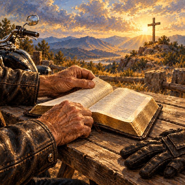 Painting of a biker's weathered hands opening a Bible on a picnic table, a wooden cross on a hill at dawn beyond