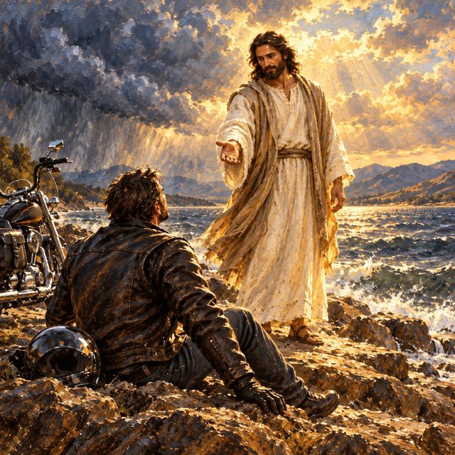 Painting of Jesus standing on a lakeshore as a storm breaks into golden light, a biker turning toward Him in awe