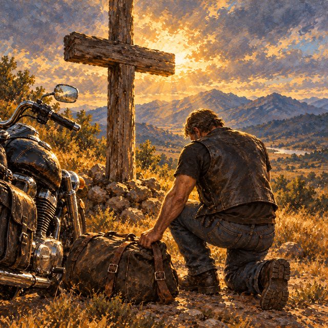Painting of a biker kneeling at the foot of a rough wooden cross beside his motorcycle, letting go of his travel bag