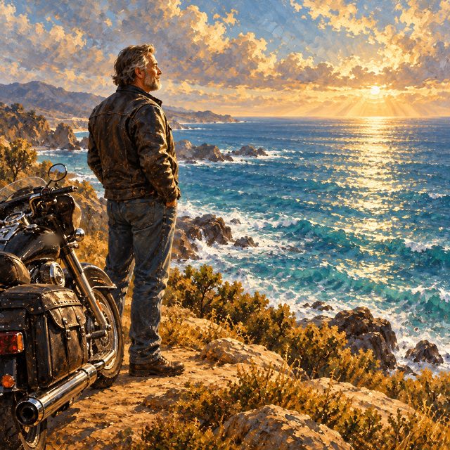 Painting of a biker standing on a coastal bluff with open hands toward a vast calm sea