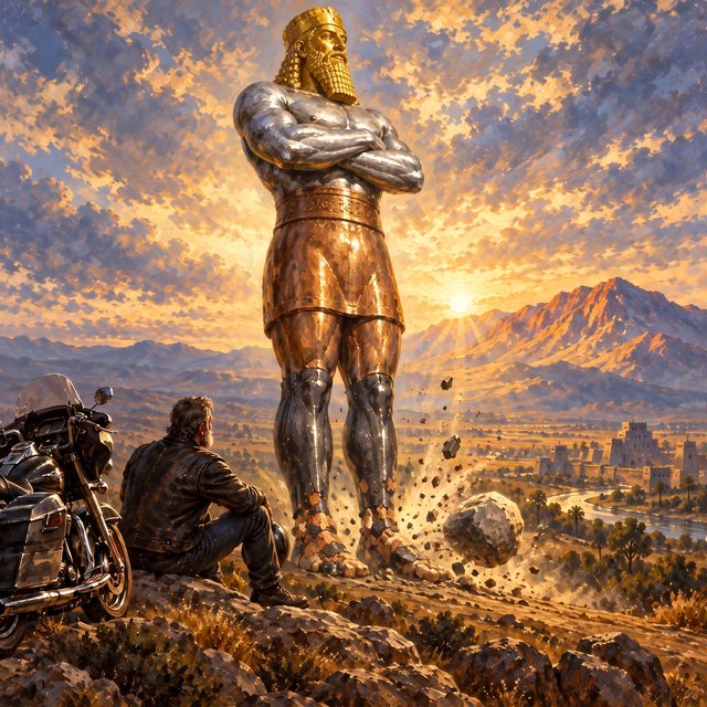 Painting of the great statue of Daniel 2, gold head to iron-and-clay feet, with a biker looking on as a stone strikes it