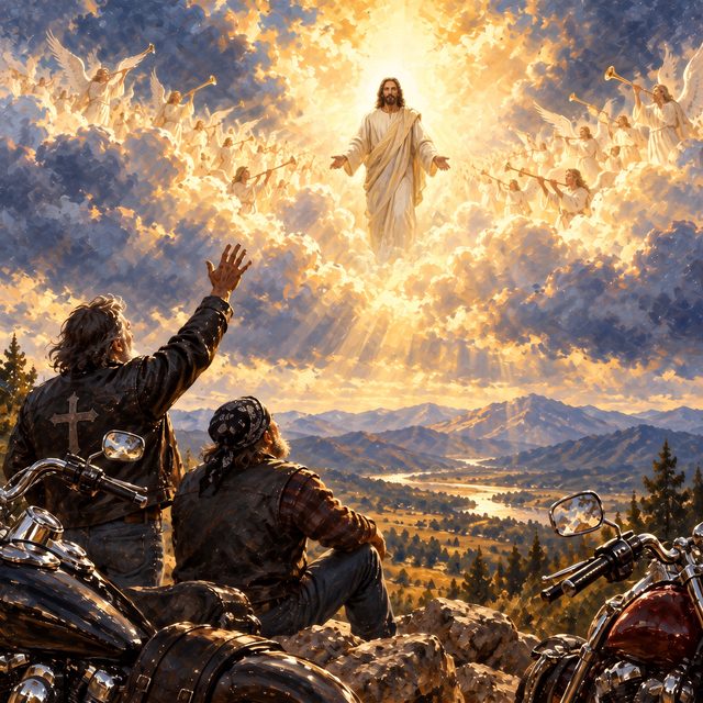 Painting of Jesus returning in the clouds above the earth while two bikers look up from beside their motorcycles