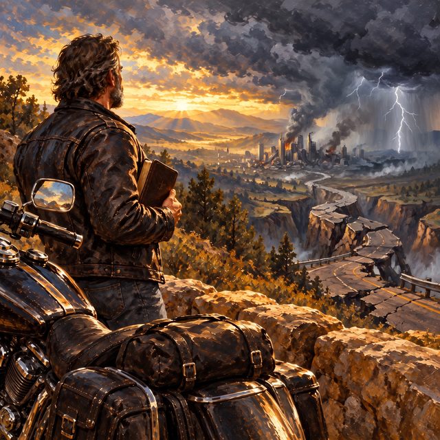 Painting of a biker at a roadside overlook, the valley beyond split by earthquake and storm, a band of dawn opening over the hills
