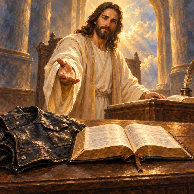 Painting of Jesus as advocate at a wooden courtroom table, one hand open toward the viewer, a biker's vest folded beside an open Bible