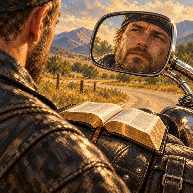 Painting of a biker's face reflected in his motorcycle mirror, a smudge on his cheek, an open Bible on the seat below