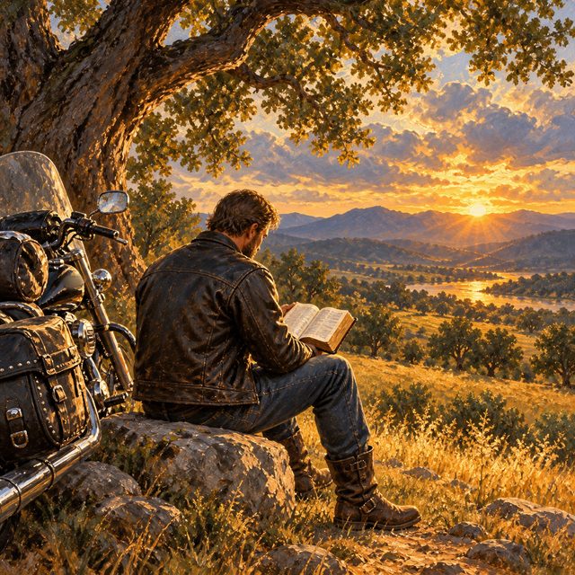 Painting of a biker at rest under a broad oak at sunset, reading an open Bible beside his parked motorcycle