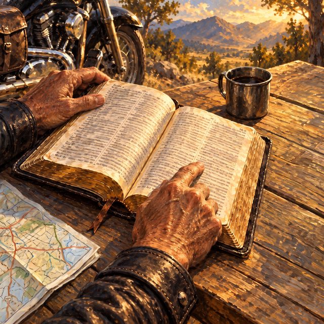 Painting of a biker's hands comparing two open pages of a well-used Bible on a camp table, a road map and a tin cup beside it