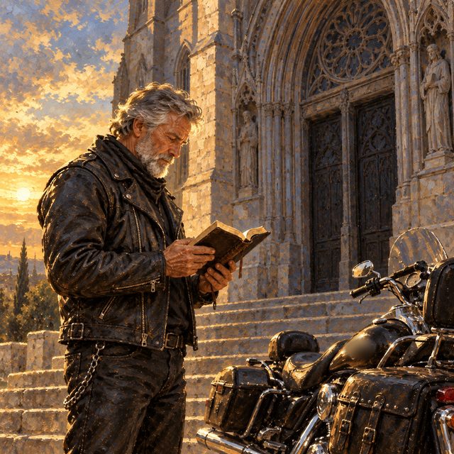 Painting of a gray-haired biker outside an old stone cathedral, reading his own small Bible instead of looking at the doors