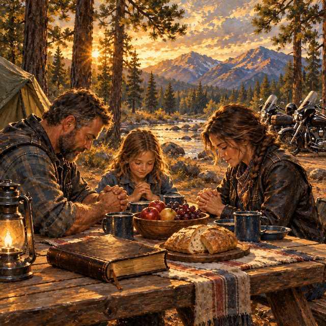 Painting of two bikers and a child bowing their heads over a simple outdoor Sabbath meal beneath tall pines