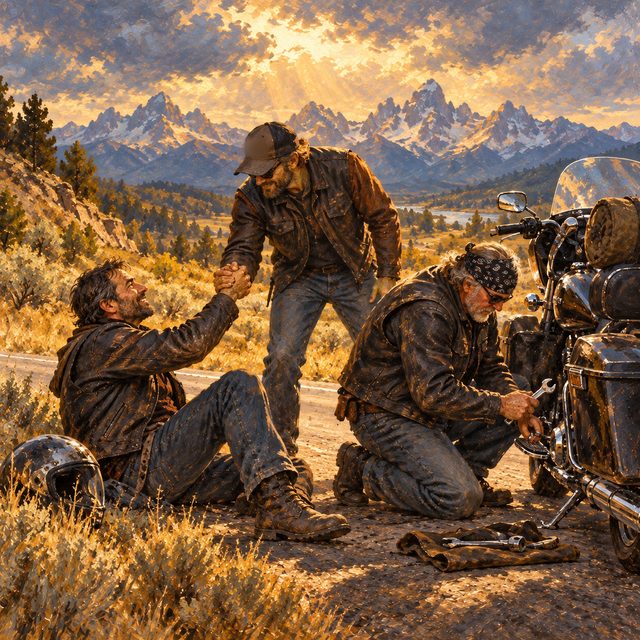 Painting of two riders stopping on a mountain road to help a stranded biker, one holding a wrench, one offering a hand