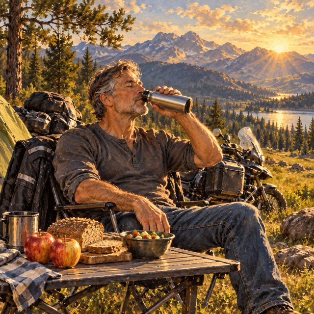 Painting of a biker drinking clear water at a sunlit campsite, apples and bread on the table