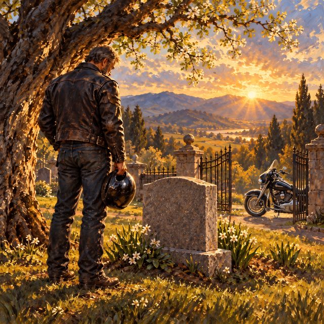 Painting of a biker standing quietly beside a plain grave marker at sunrise, his motorcycle half-hidden beyond the iron fence