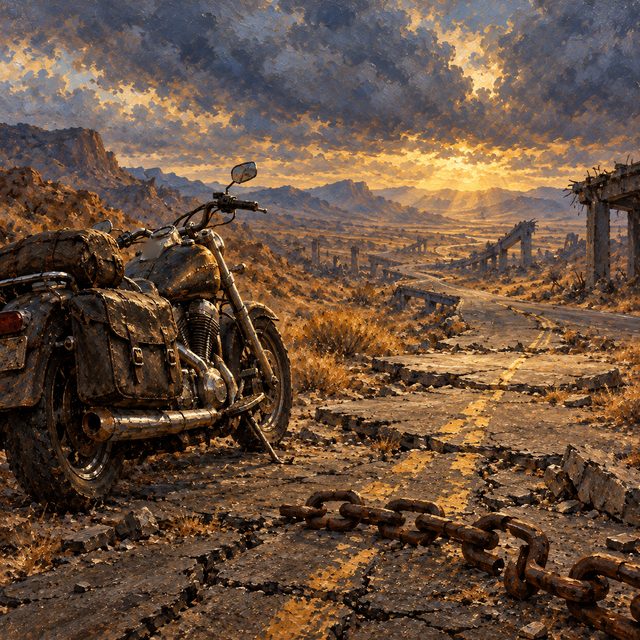 Painting of a deserted earth: a ruined highway, an abandoned motorcycle and a chain across broken asphalt under slate clouds