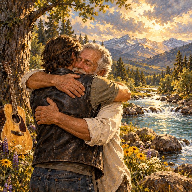 Painting of two men embracing beside a crystal river in the New Earth, a guitar resting against a tree