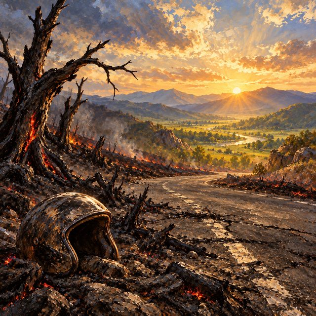 Painting of a ruined road and a dead tree in darkness, with a clean dawn opening over a green valley beyond