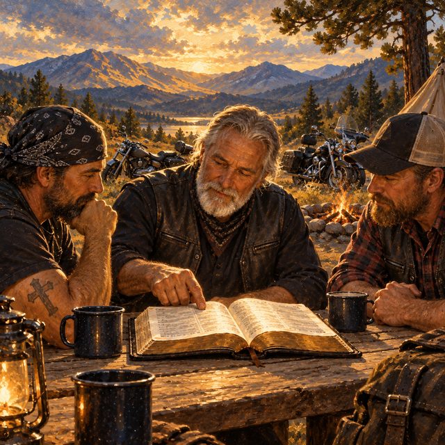 Painting of three bikers studying one open Bible together at a mountain campsite