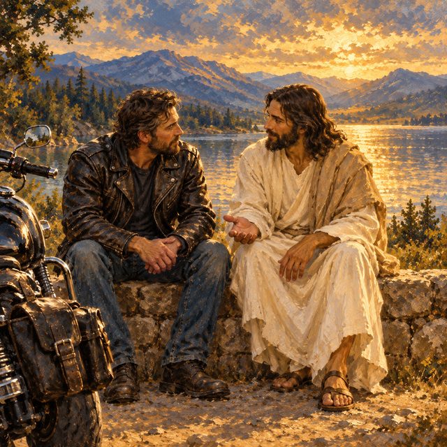 Painting of Jesus sitting beside a biker on a lakeside stone wall, listening with an open hand