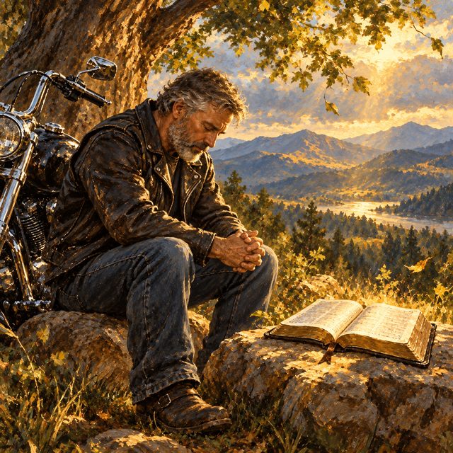 Painting of a biker in quiet prayer beneath a tree, eyes closed, a shaft of light on an open Bible nearby