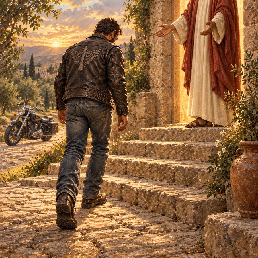 Painting of a biker walking up a stone path toward an open doorway of light where Jesus waits with open arms
