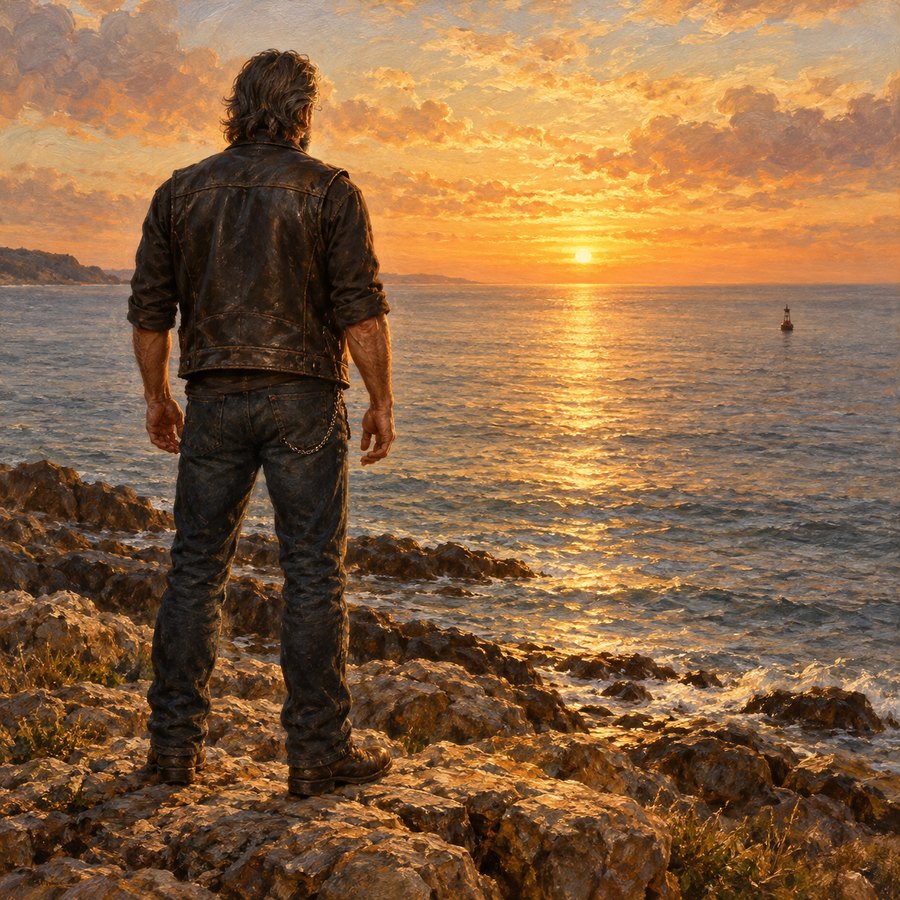 Painting of a biker on a rocky shore at sunrise, a small buoy far out on the calm sea