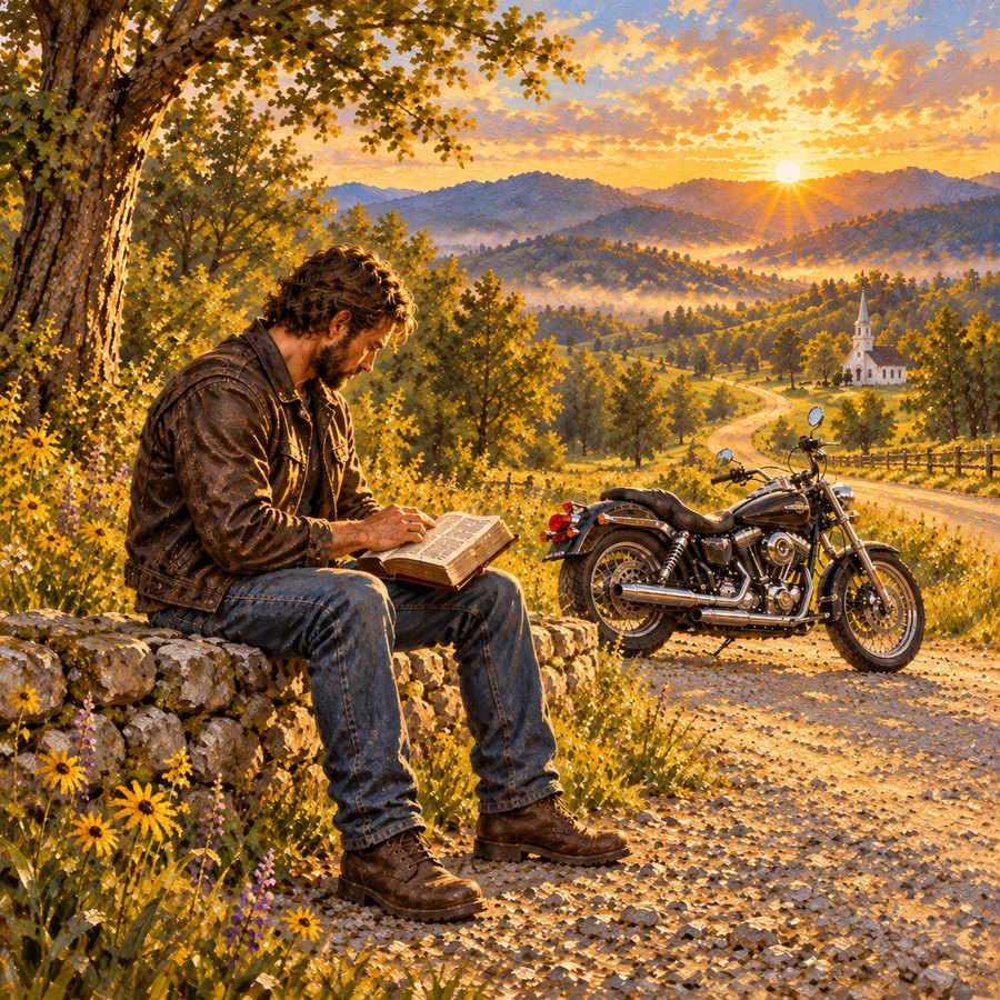 Painting of a biker reading his Bible on a stone wall at first light, his motorcycle parked behind him, a country church down the road