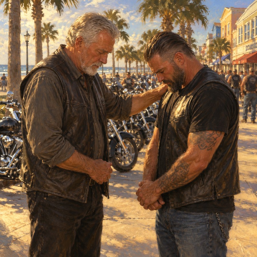 Painting of Pastor Tom praying with a biker on a Daytona sidewalk, motorcycles along the curb
