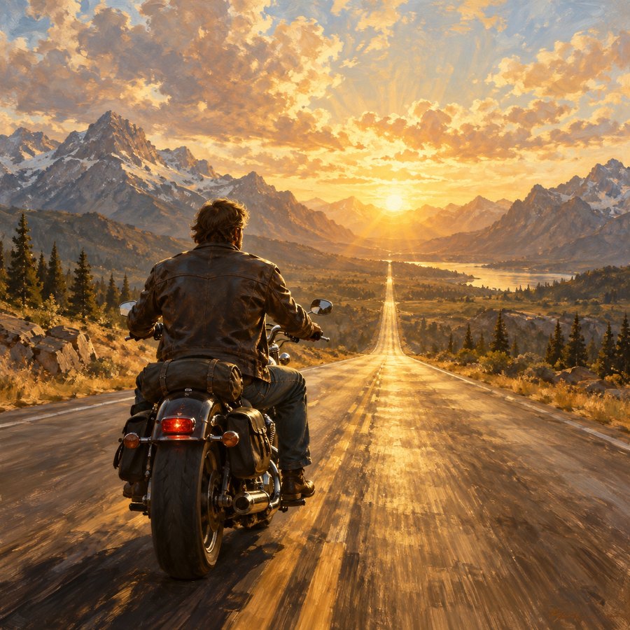 Painting of a rider heading down an empty highway into the sunrise between mountains