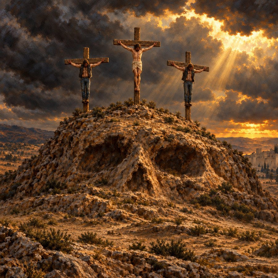 Painting of Golgotha, the hill of the skull, its rock shaped like a skull, three crosses on top: Jesus in the middle, a biker on each side, no one else on the hill