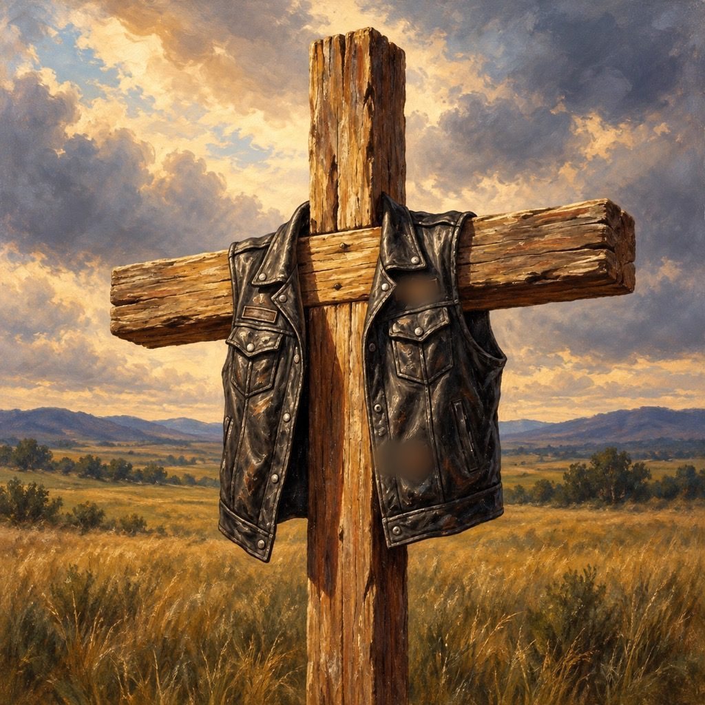 A worn leather biker vest hung on a rough wooden cross in an open field at sunset