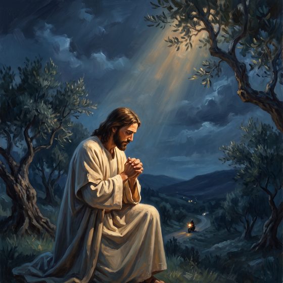 Jesus kneeling alone in prayer among the olive trees of Gethsemane at night, a single motorcycle headlight far below in the valley