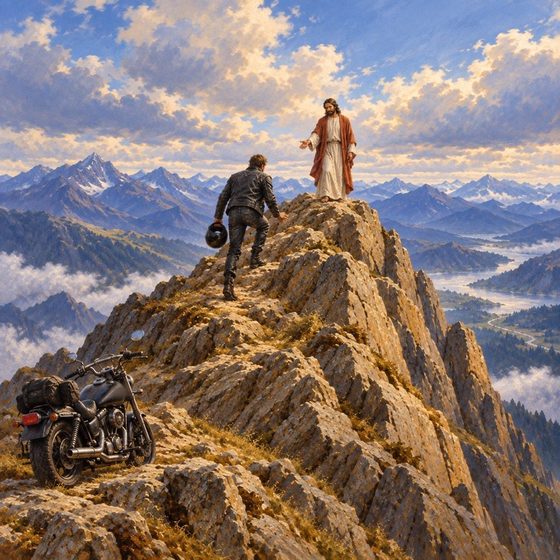 A biker climbing a rocky summit toward Jesus, who waits with open arms above the clouds