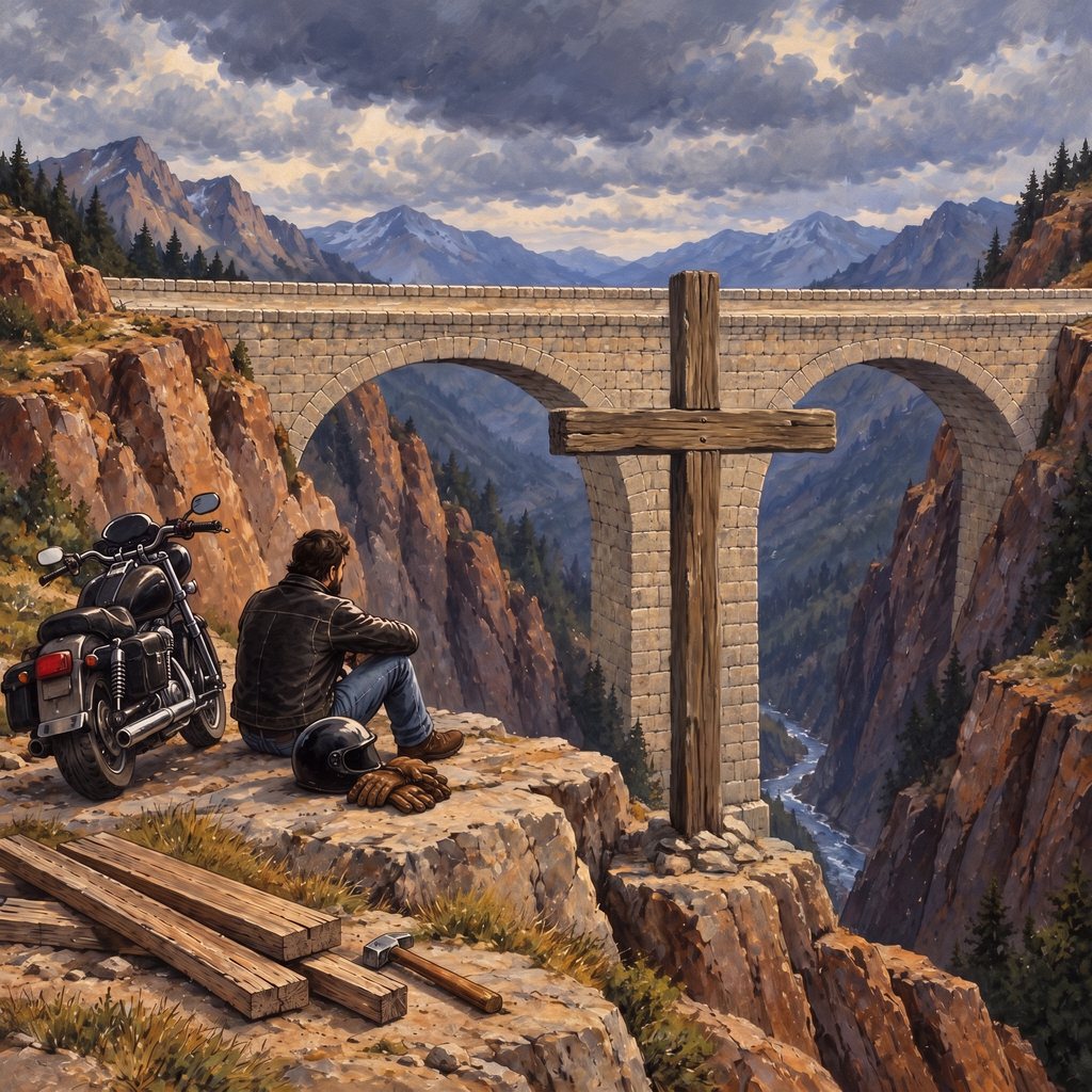 A biker kneeling in prayer at the feet of Jesus beside a stone doorway