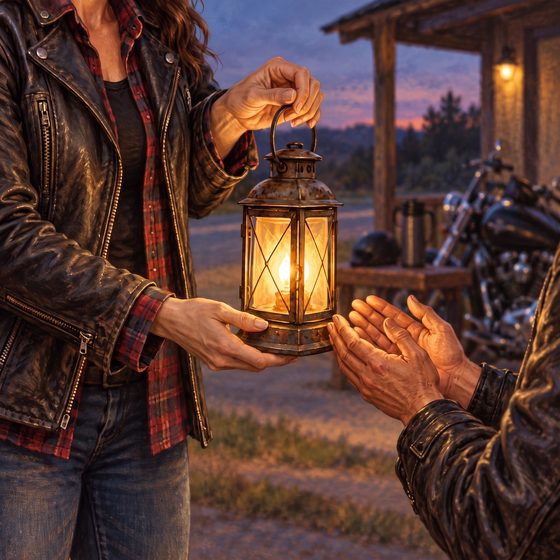 A woman in a leather jacket handing a lit lantern to another rider at dusk