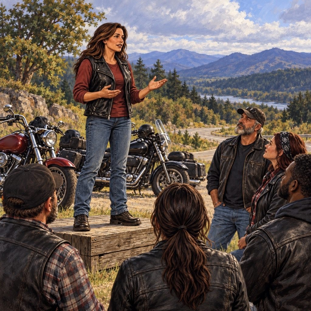 A woman standing on a bench, speaking to a group of bikers gathered around her