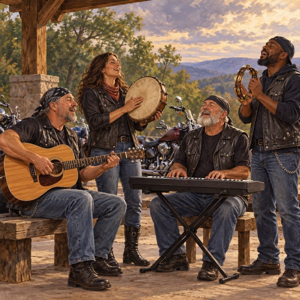 Bikers playing guitar, keyboard, drum and tambourine together in worship outdoors