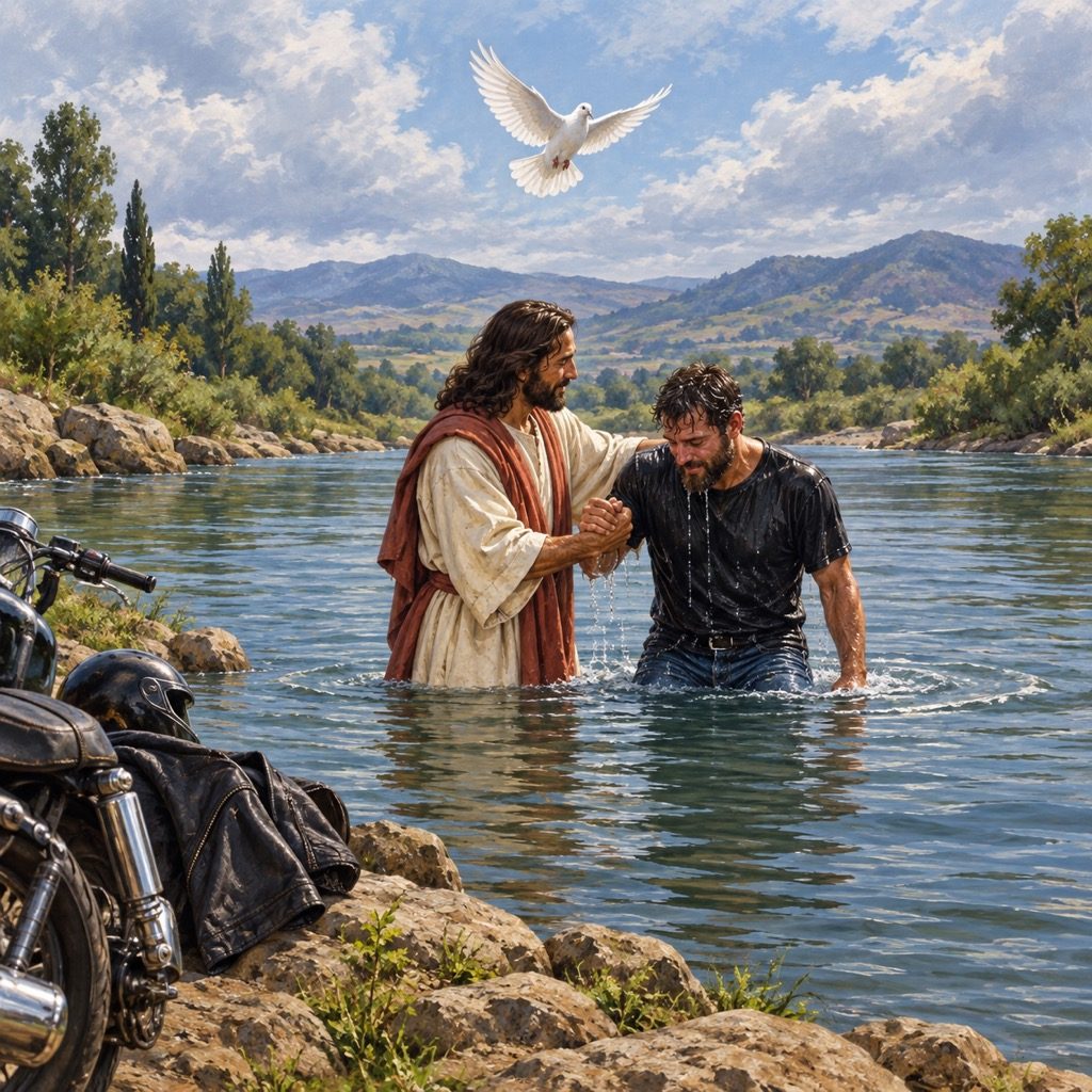 Jesus baptizing a biker in a river as a dove descends from above