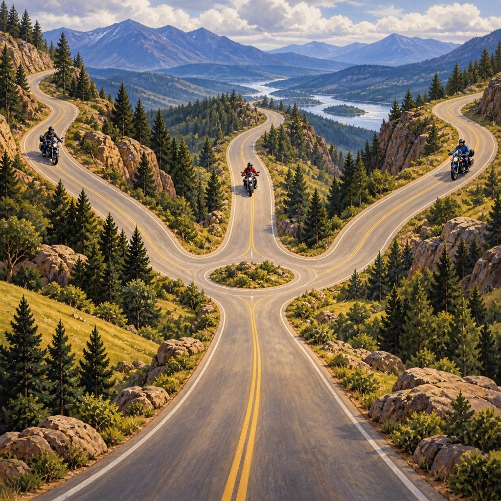 Three mountain roads converging into one highway, ridden by three motorcycles