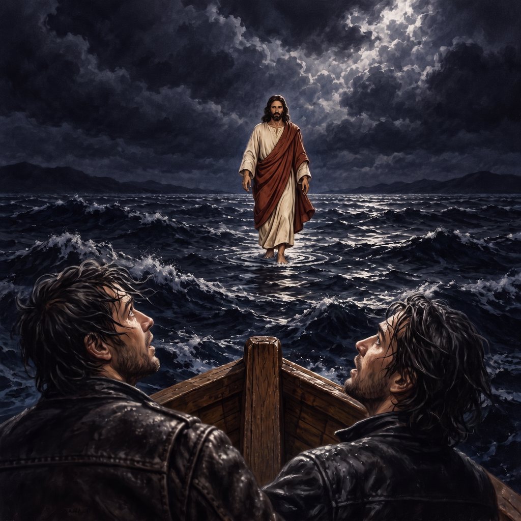 Jesus walking on a storm-dark sea toward two bare-headed bikers looking up from a small boat