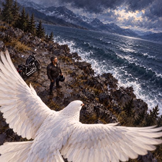 A white dove flying over a rocky shore where a biker stands beside his motorcycle