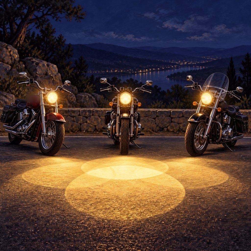 Three motorcycles parked side by side at night, their headlights throwing three overlapping circles of light