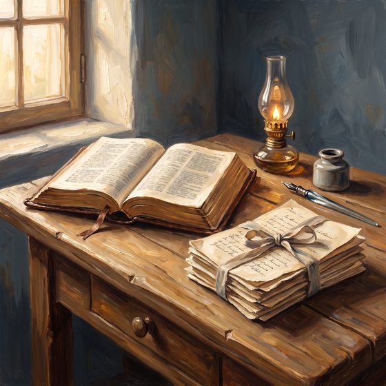 An open Bible beside a ribbon-tied stack of old handwritten letters on a wooden desk, an oil lamp and pen beside them