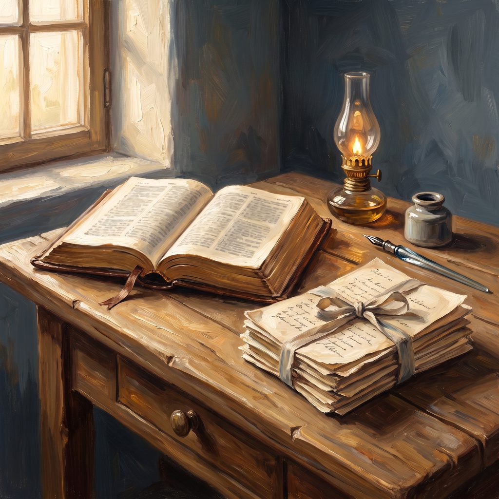 An open Bible beside a ribbon-tied stack of old handwritten letters on a wooden desk, an oil lamp and pen beside them