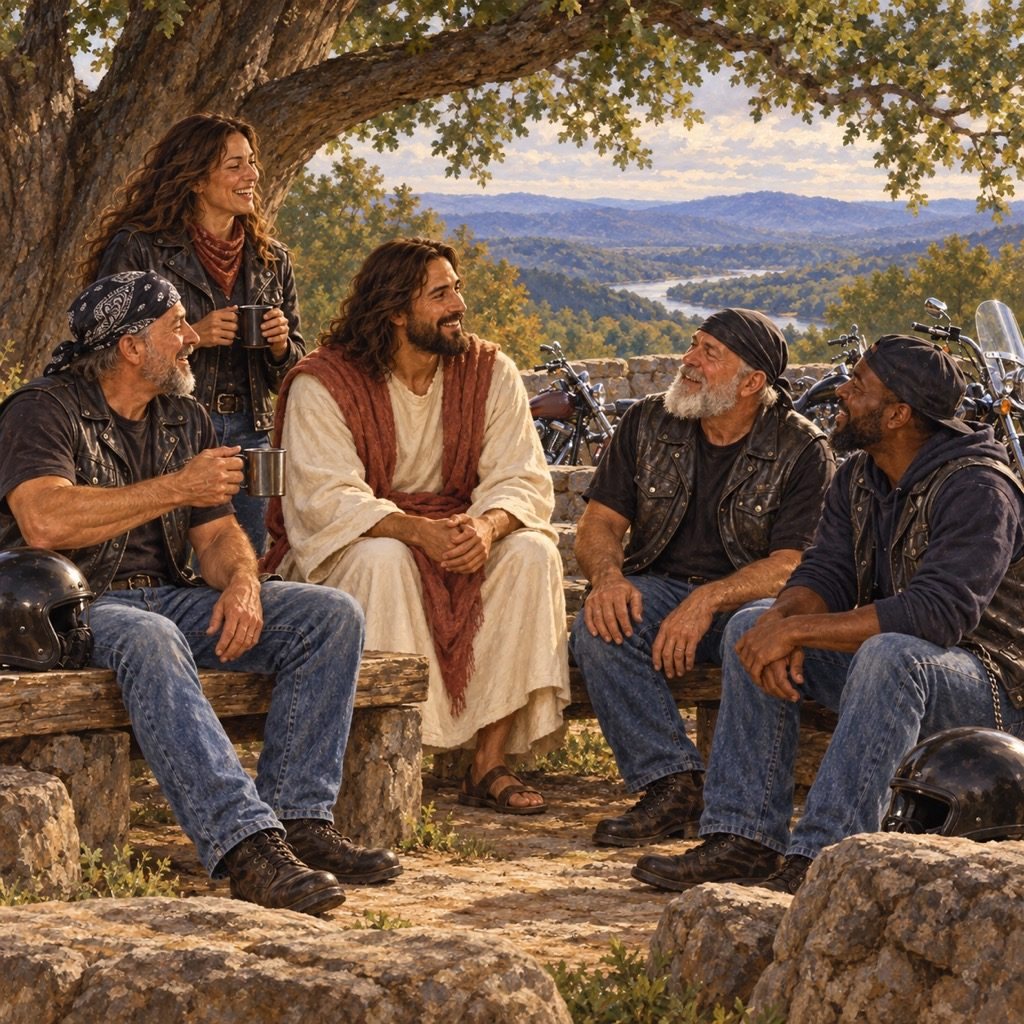 Jesus seated under a tree, talking with a group of bikers gathered around him