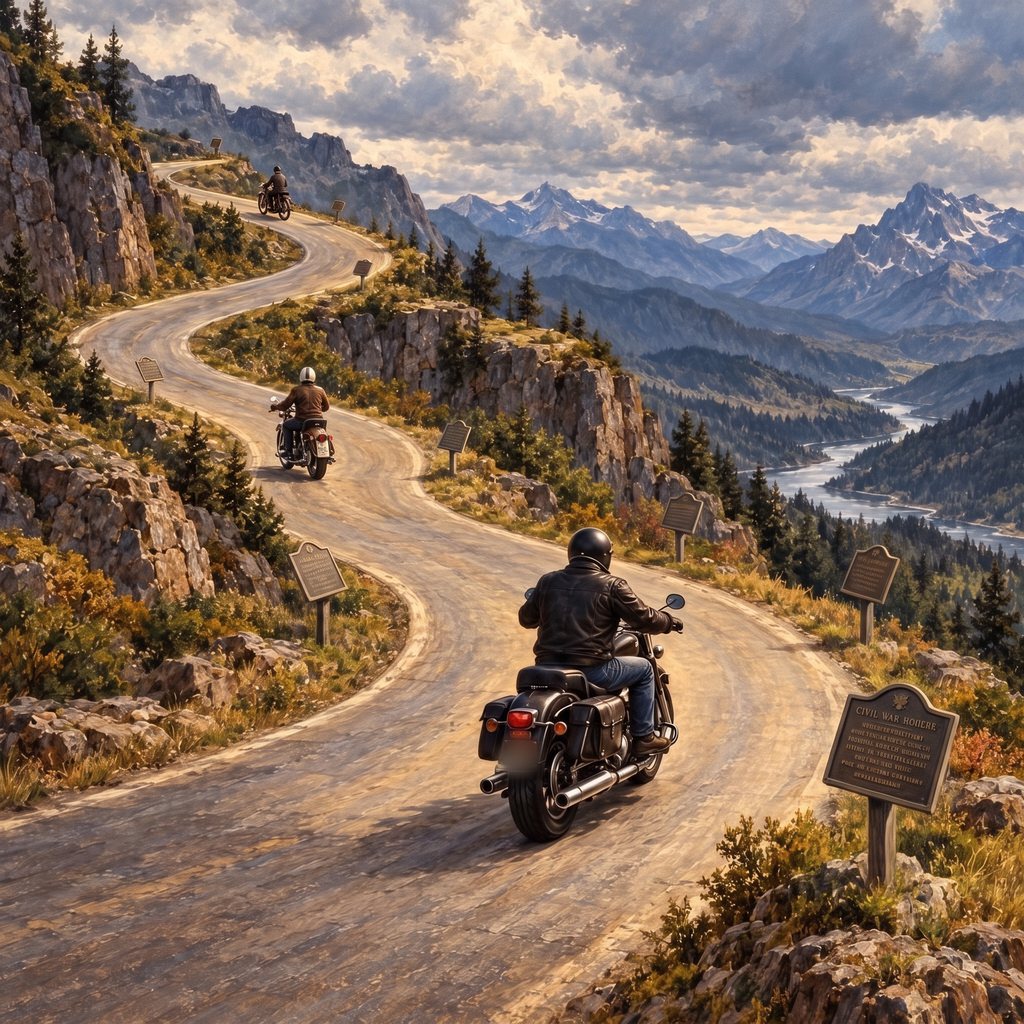 A rider on a long winding mountain road, passing roadside historical markers